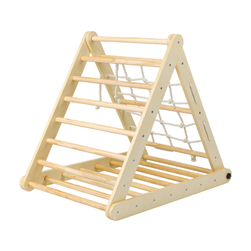 Dreiseitiges Pikler-Dreieck mit Kletterwand und Seil Dreiseitiges Pikler-Dreieck mit Kletterwand und Seil