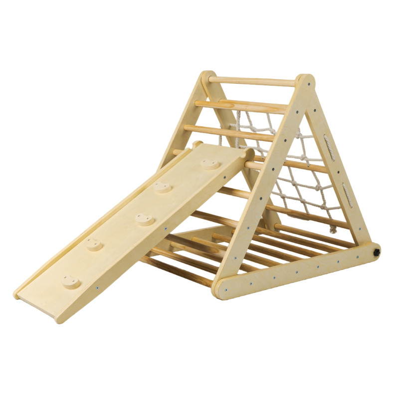 Dreiseitiges Pikler-Dreieck mit Kletterwand und Seil Dreiseitiges Pikler-Dreieck mit Kletterwand und Seil