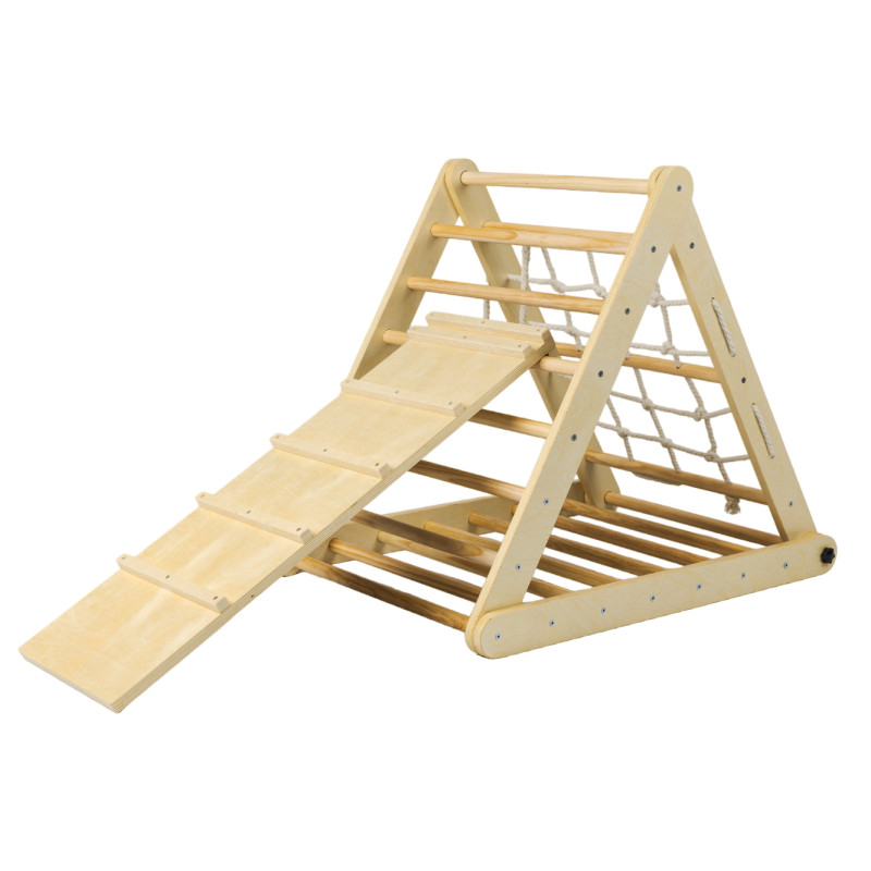 Dreiseitiges Pikler-Dreieck mit Kletterwand und Seil Dreiseitiges Pikler-Dreieck mit Kletterwand und Seil