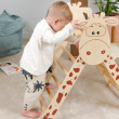 Kombination aus Pikler-Dreieck, Montessori-Schaukel und beidseitig nutzbarem Rutschbrett Elegantes Montessori-Kletterset mit Pikler-Dreieck und Giraffenmotiv