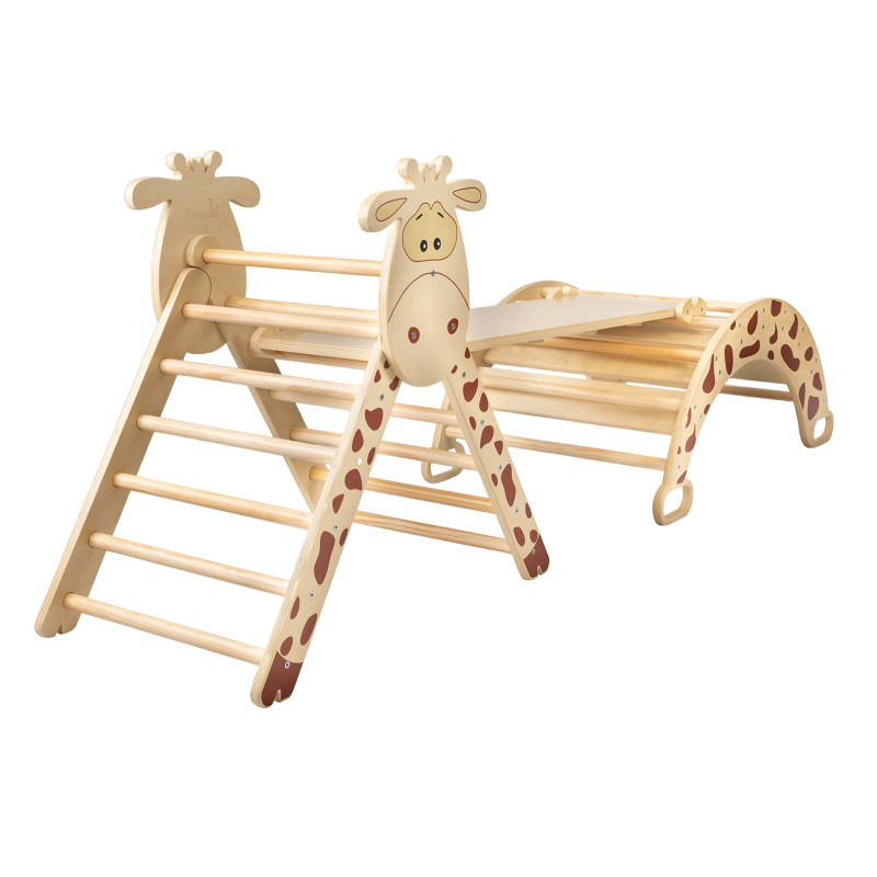 Kombination aus Pikler-Dreieck, Montessori-Schaukel und beidseitig nutzbarem Rutschbrett Elegantes Montessori-Kletterset mit Pikler-Dreieck und Giraffenmotiv