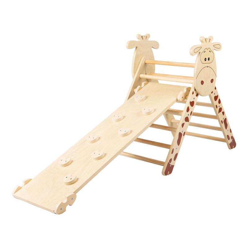Kombination aus Pikler-Dreieck, Montessori-Schaukel und beidseitig nutzbarem Rutschbrett Elegantes Montessori-Kletterset mit Pikler-Dreieck und Giraffenmotiv