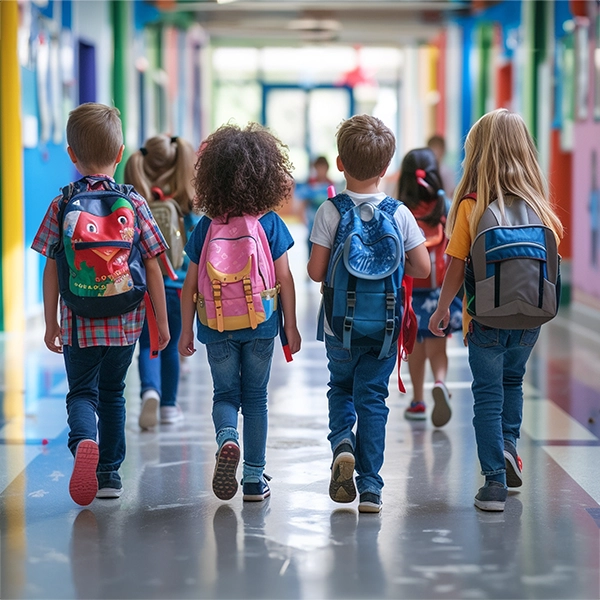 Kinder laufen durch den Schulflur