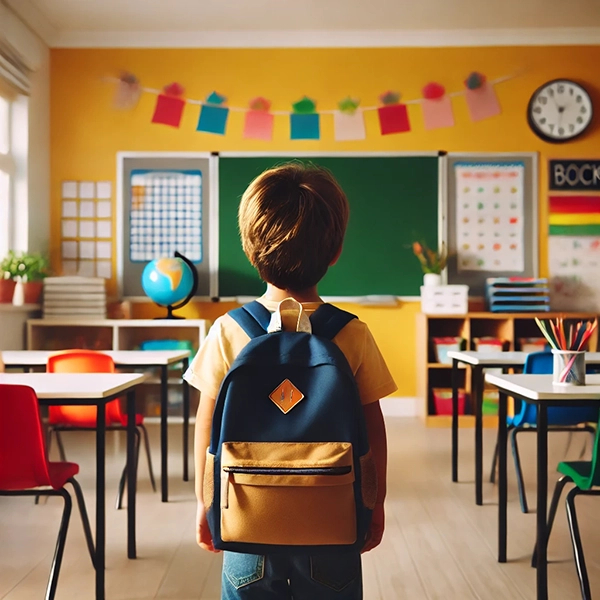 Ein Junge mit Rucksack schaut auf sein Klassenzimmer