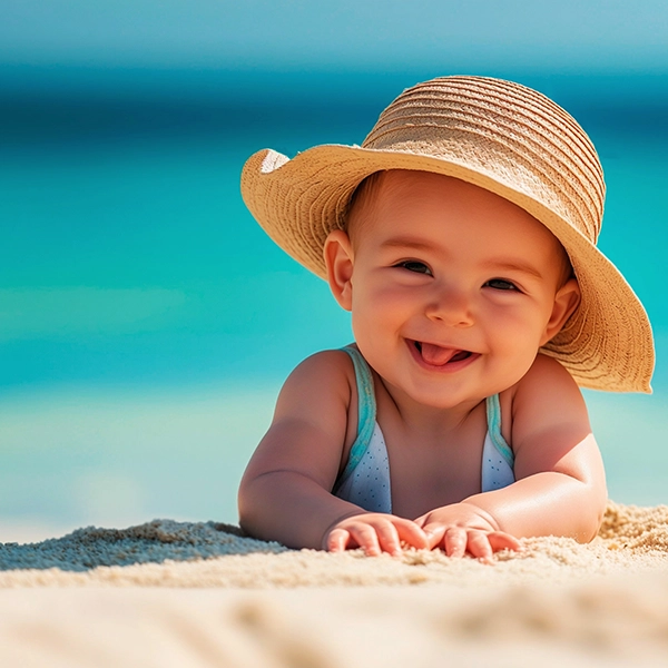 Baby mit Sonnenhut am Strand